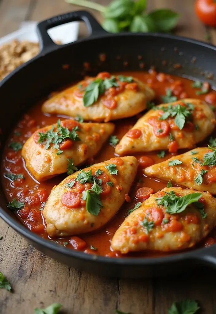 25 Dinner Recipes with Tomato Sauce for Busy Evenings 95 25 Dinner Recipes with Tomato Sauce for Busy Evenings - 15. Tomato-Basil Chicken Skillet