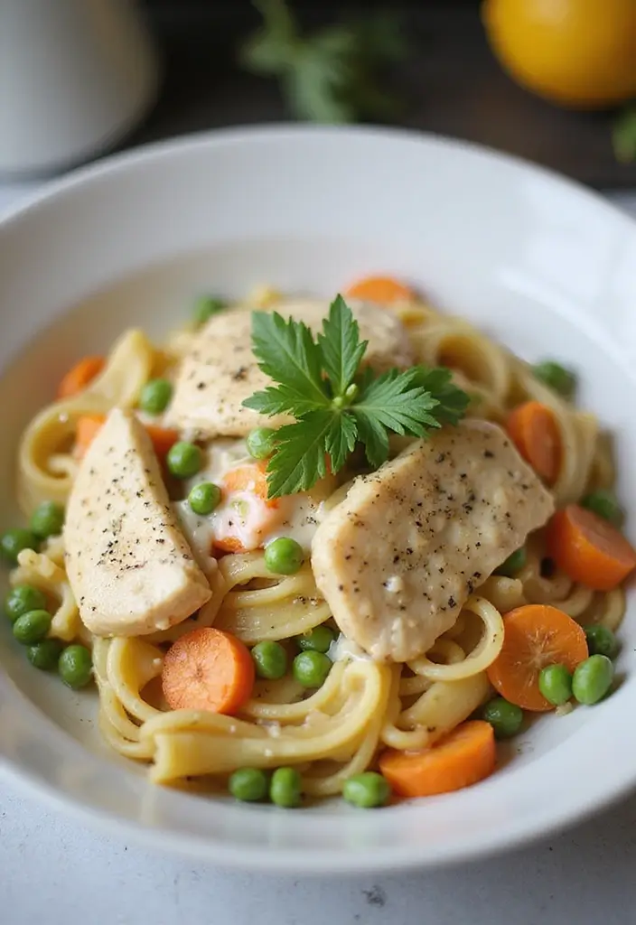 27 Chicken and Alfredo Sauce Recipes That Feel Like Comfort Food 111 27 Chicken and Alfredo Sauce Recipes That Feel Like Comfort Food - 19. Chicken Alfredo with Peas & Carrots