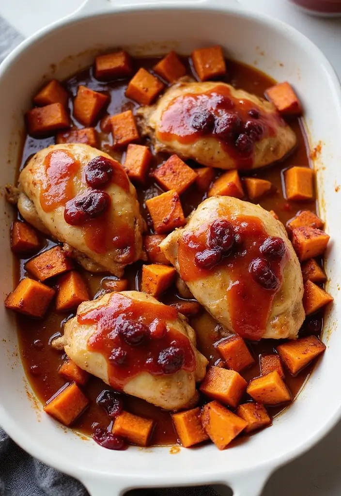 29 Chicken and Cranberry Sauce Recipes for Sweet & Savory Fans 104 29 Chicken and Cranberry Sauce Recipes for Sweet & Savory Fans - 16. Cranberry Chicken Bake with Sweet Potatoes